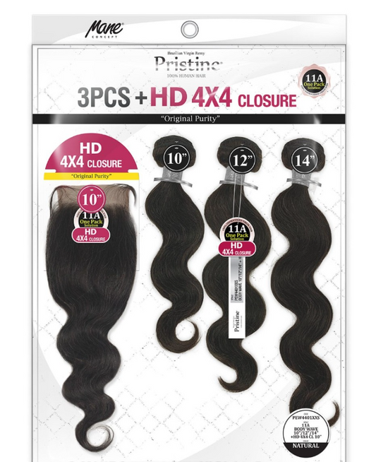 PRISTINE HUMAN HAIR EXTENSIONS 3PCS BODY WAVE + 4X4 CLOSURE