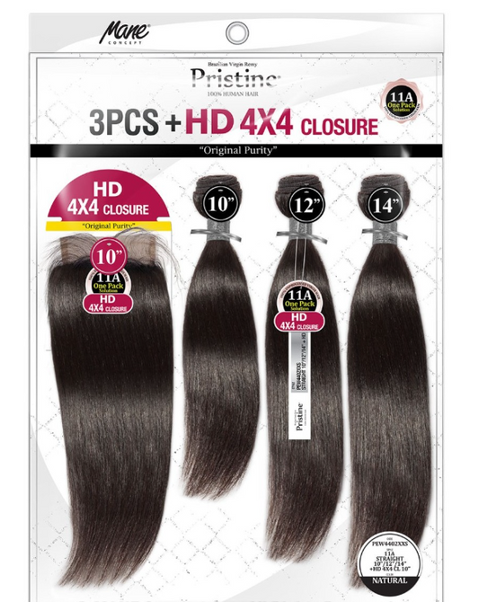 PRISTINE HUMAN HAIR EXTENSIONS 3PCS STRAIGHT + 4X4 CLOSURE