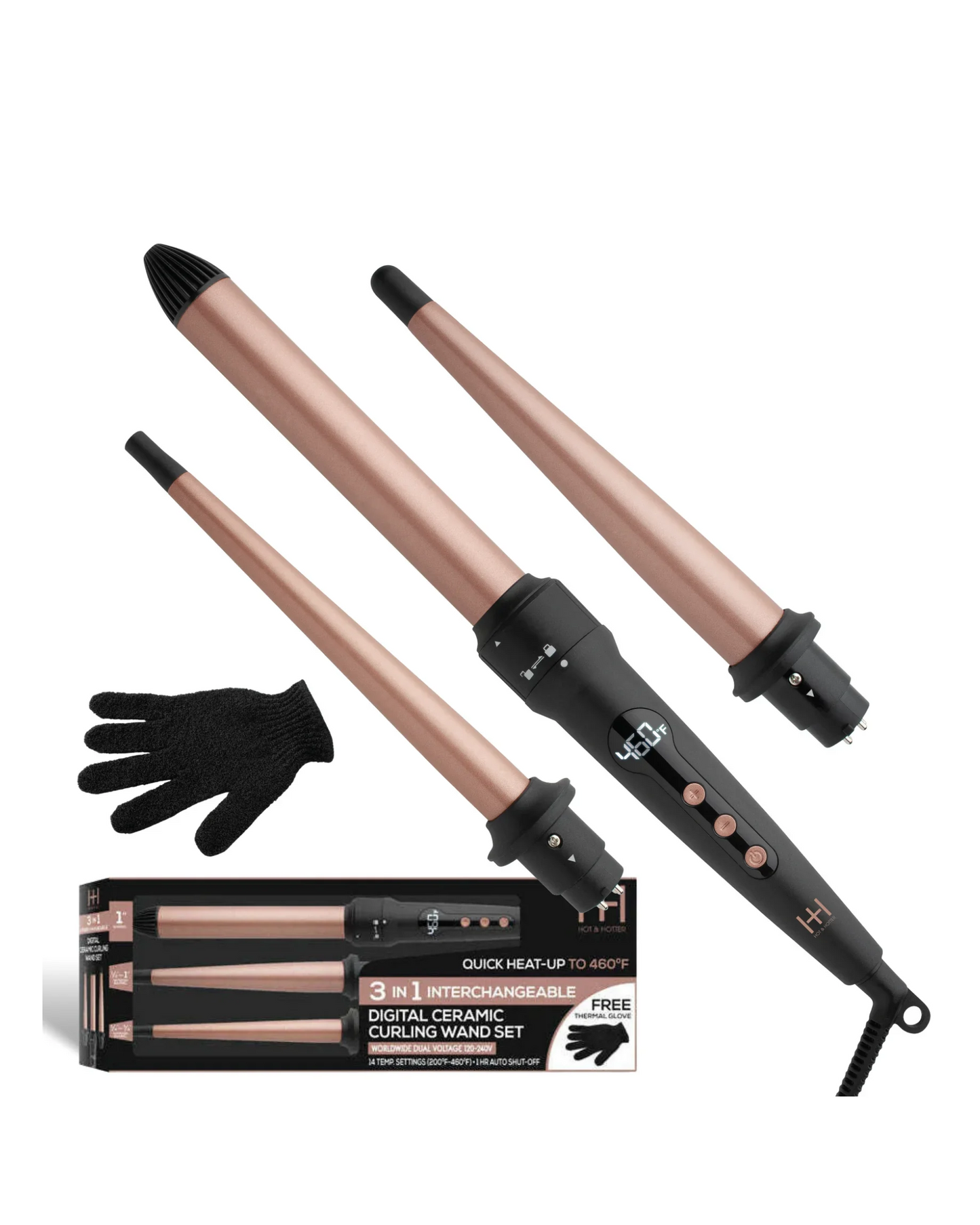 H&H 3 IN 1 DIGITAL CERAMIC CURLING WAND SET